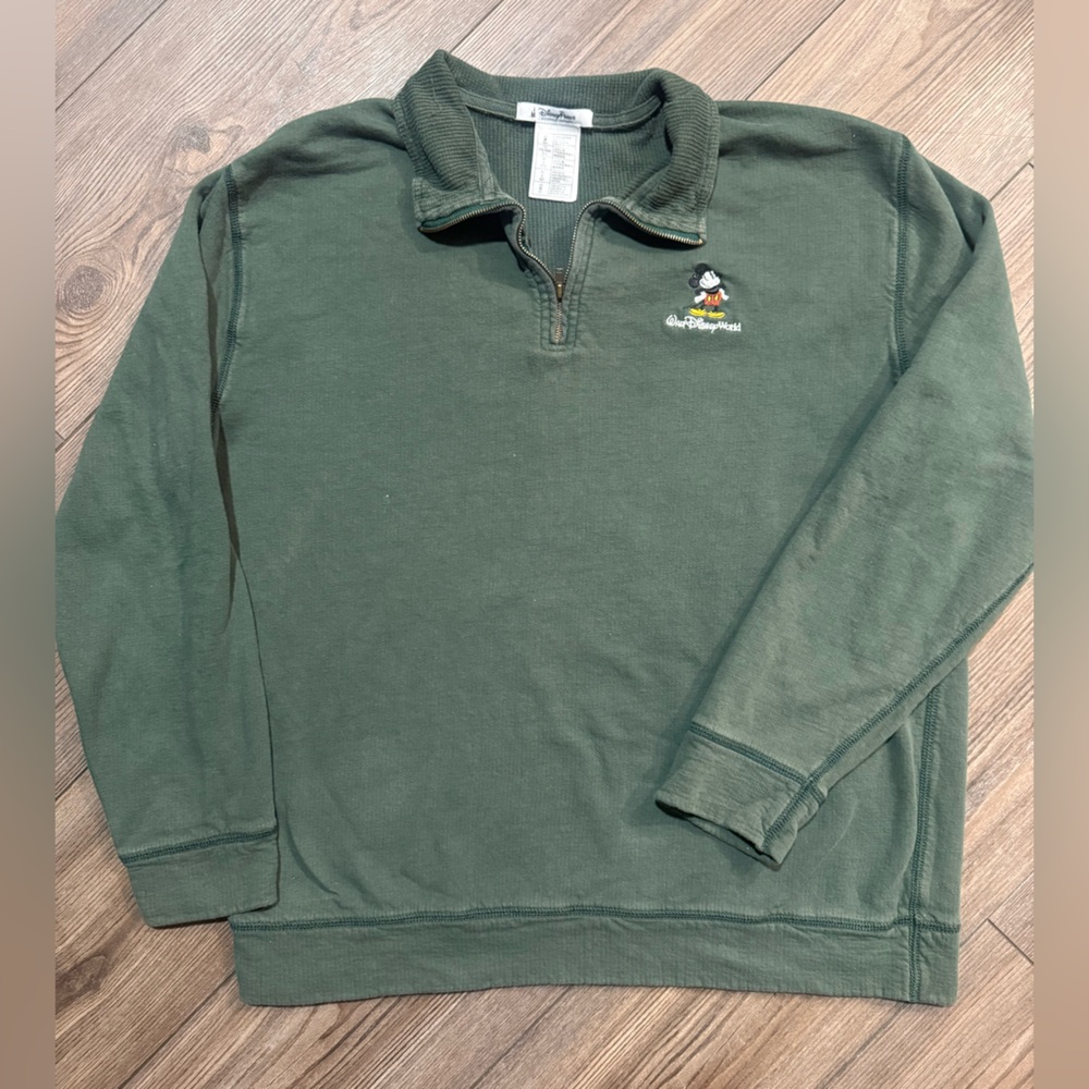 Vintage Disney World Mickey Mouse Quarter Zip Sweatshirt Large Green Y2K
